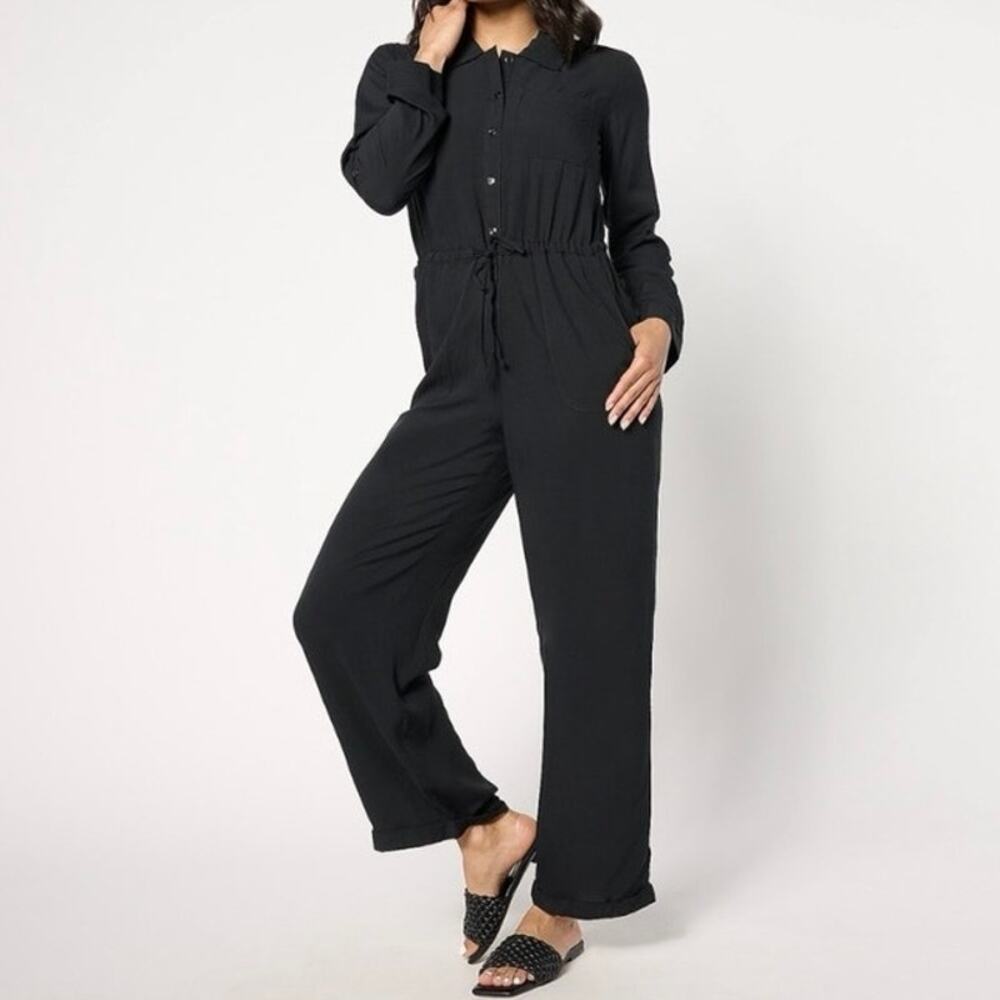 MUK LUKS NWOT Black Flowy Rayon Jumpsuit Size Small Tie Waist Lightweight